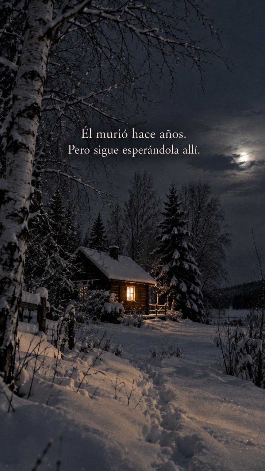 Una cabaña iluminada en un bosque nevado, bajo la luna. Sobre la imagen: Él murió hace años. Pero sigue esperándola allí.